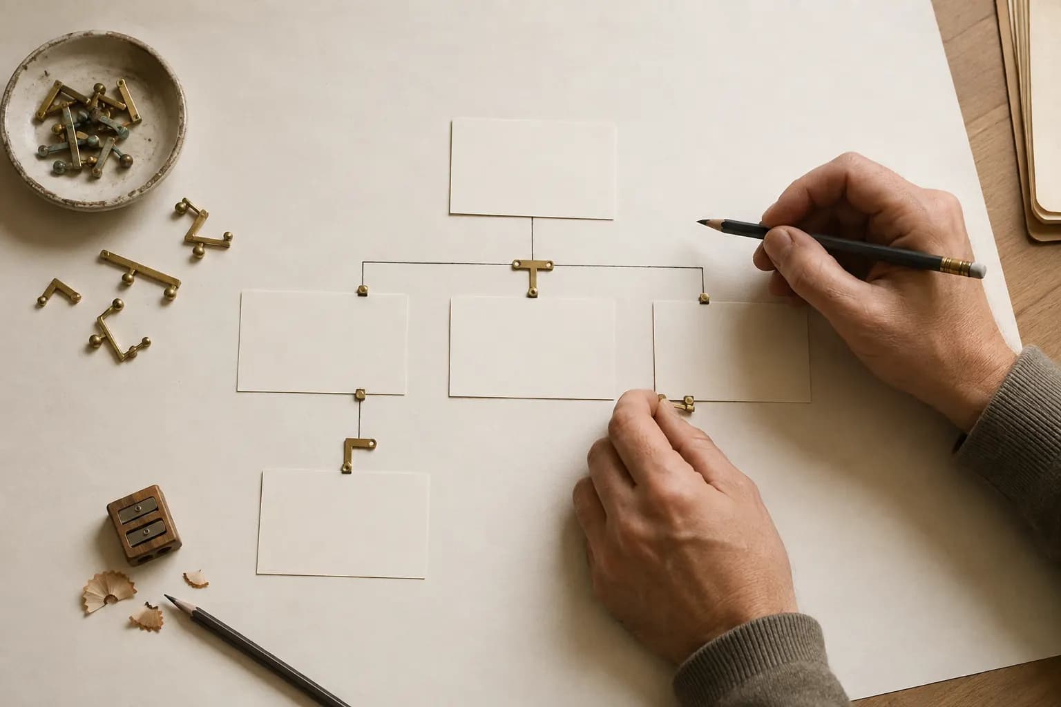 Hands sketching a workflow in pencil on paper, with small brass fittings connecting the steps.